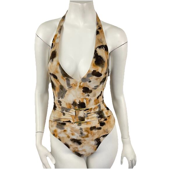 BCBG Max Azria Deep V Plunge Belted One Piece Swimsuit Beige Tan Size 4 Resort - Picture 1 of 13
